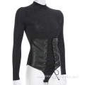 Long Sleeve Casual Bodysuit with PU belt